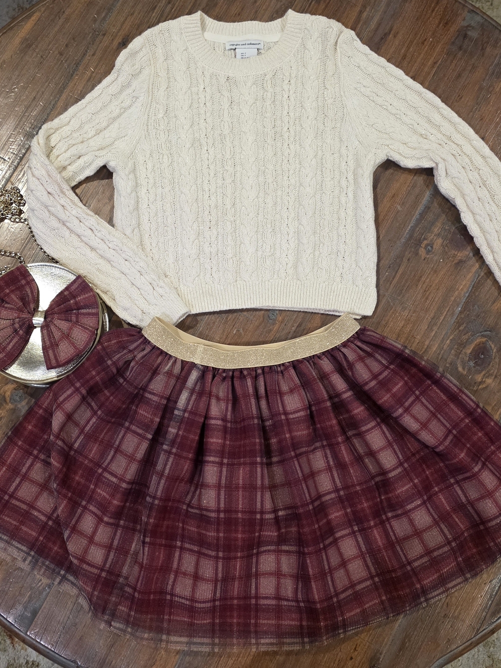 cupcakes & cashmere Cream Cable Knit Sweater with Burgundy Plaid Tulle Skirt Set